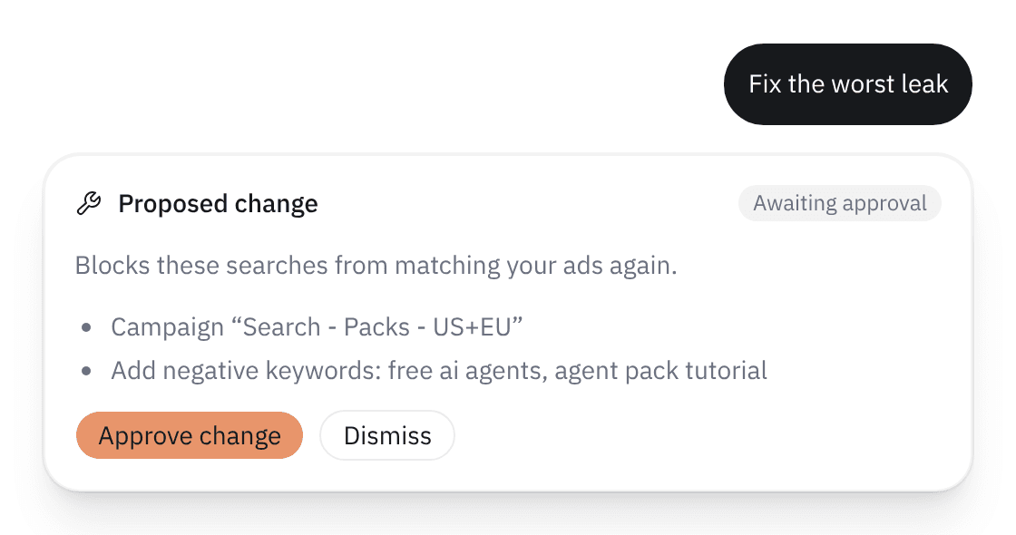 A proposed change awaiting approval, listing the campaign and the negative keywords it would add